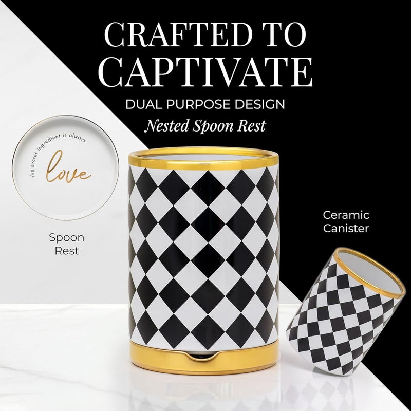 styled settings Black & White Checkered Utensil Holder Set – Large Ceramic Kitchen Utensil Holder for Countertop with Gold Spoon Rest – Stylish Checkered Kitchen Decor & Organizer - Image 2